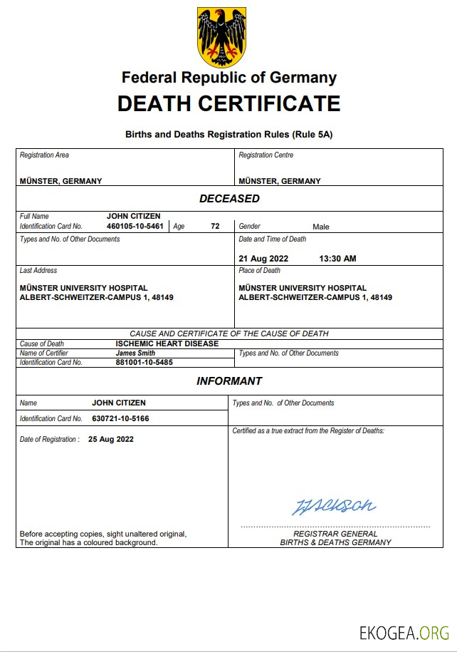 Modèle Word et PDF de certificat de décès en Allemagne